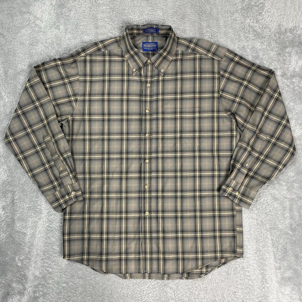 Pendleton Sir Pendleton Shirt Mens Large Beige Gray Plaid Wool Button Down